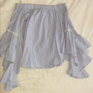 Off the shoulder white and blue striped top